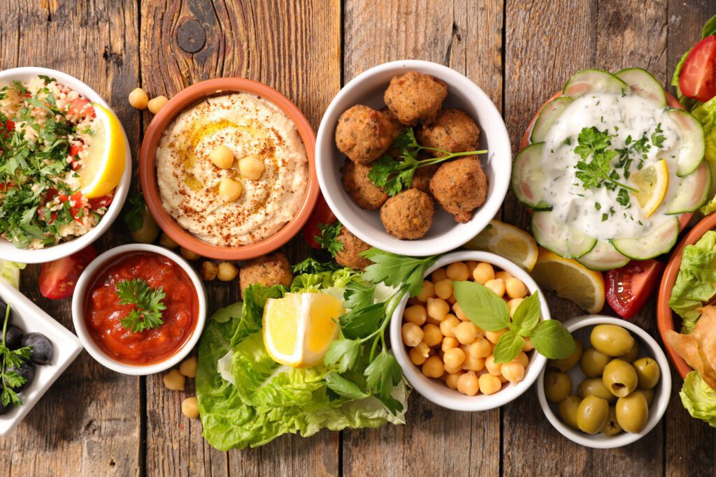 assorted of lebanese- samosa, pita bread, chickpea, hummus